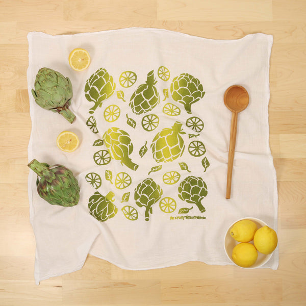 Kitchen Towels, Hand Printed Towels, Yellow Lemons, Bright, Cotton