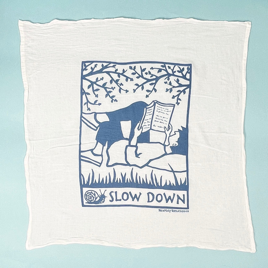 Kei & Molly Slow Down flour sack dish towel printed in Steel Blue color, Full front view