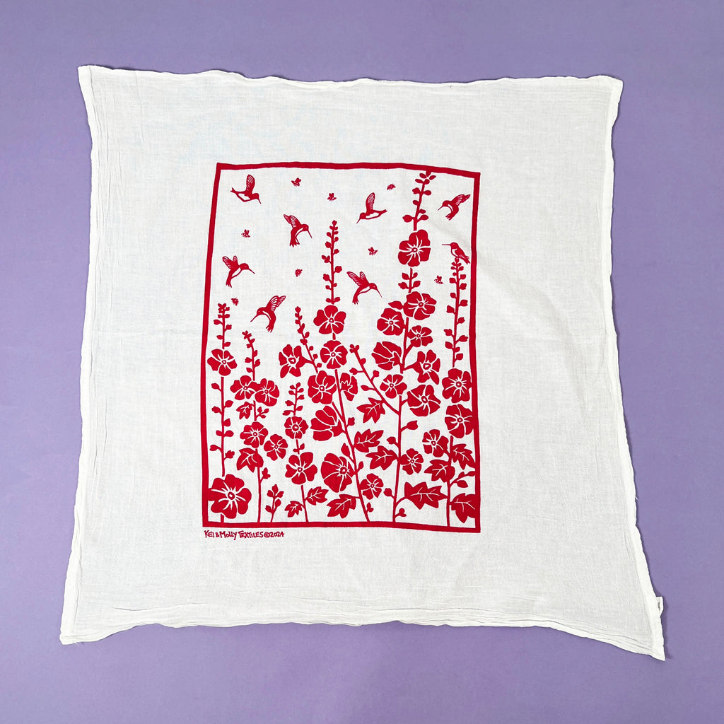 Kei & Molly Hummingbirds Flour Sack Dish Towel printed in Raspberry color, Front view