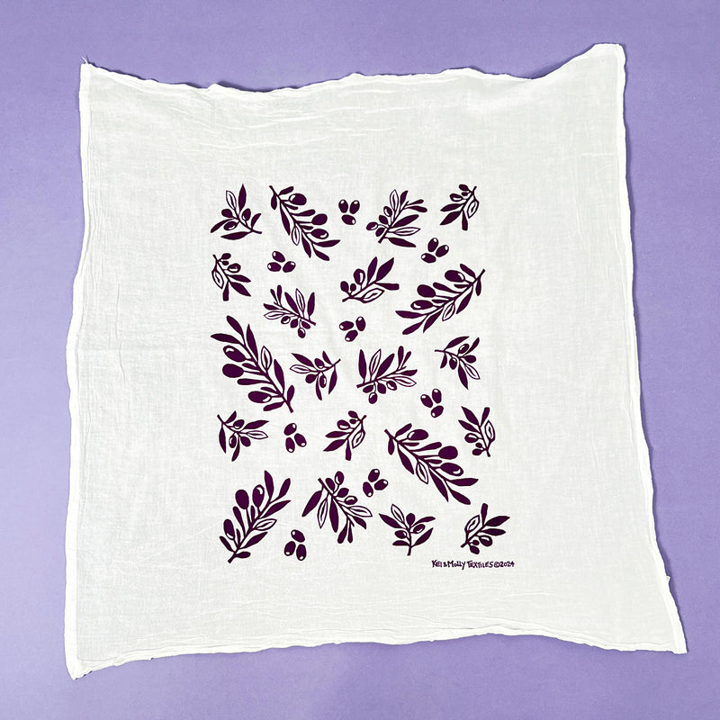 Kei & Molly Olive flour sack dish towel printed in Grape color, full front view