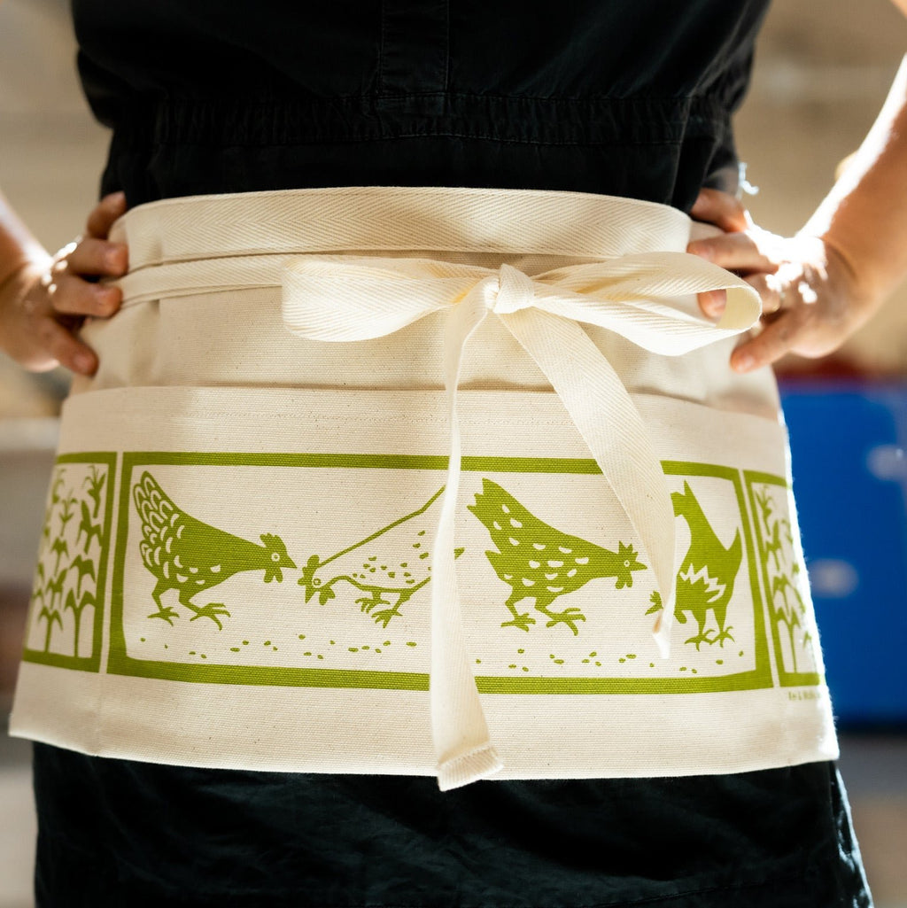 Kei & Molly Waist Aprons, Chickens Design,, Worn on Model