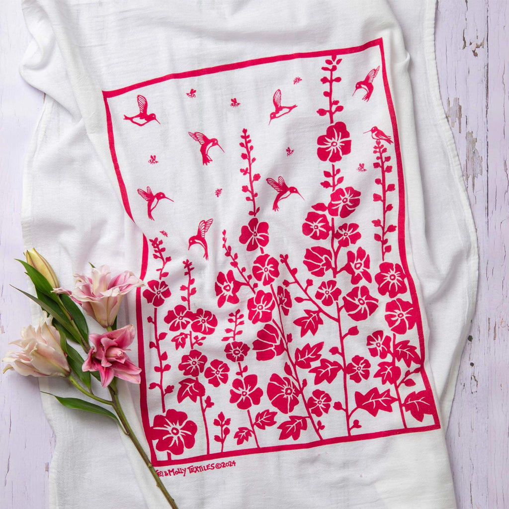 Kei & Molly Hummingbirds Flour Sack Dish Towel printed in Raspberry with Props