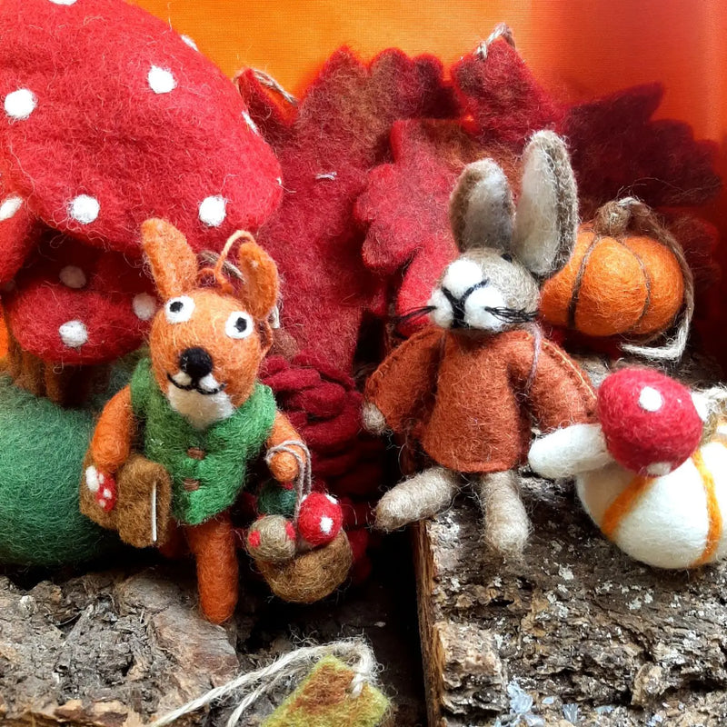 Felt "Fungi Forager" Squirrel Ornament- with friend