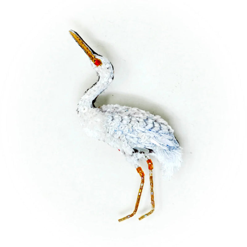 Great Egret Beaded Brooch