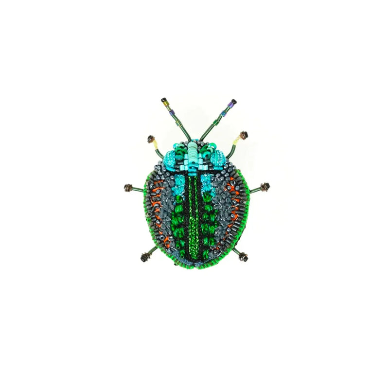 Green Leaf Beatle Beaded Brooch