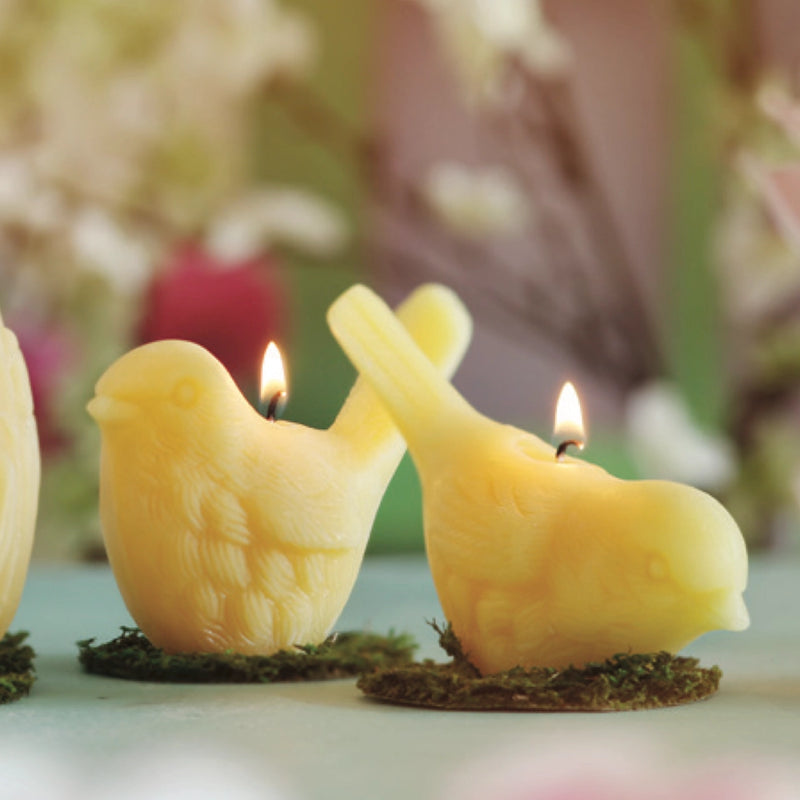 Beeswax Song Bird Candles, two lit