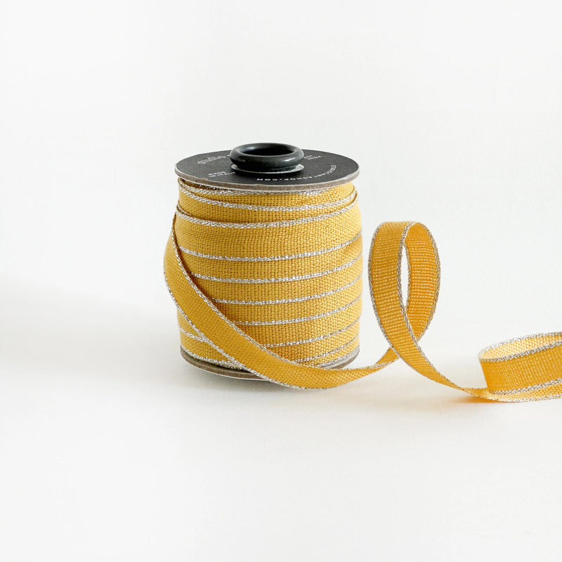 Italian Drittofilo Cotton Ribbon- Ochre/Silver