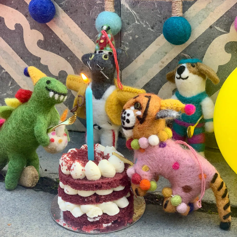 Felt Animal Ornaments celebrating with birthday cake