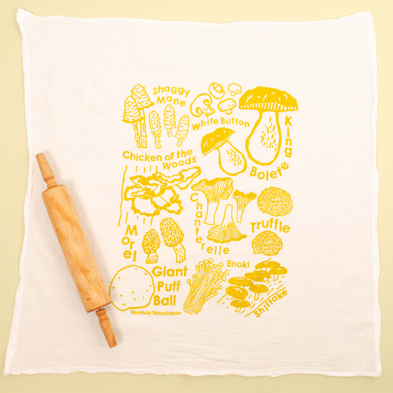 Kei & Molly Mushrooms Flour Sack Dish Towel in Gold Full View